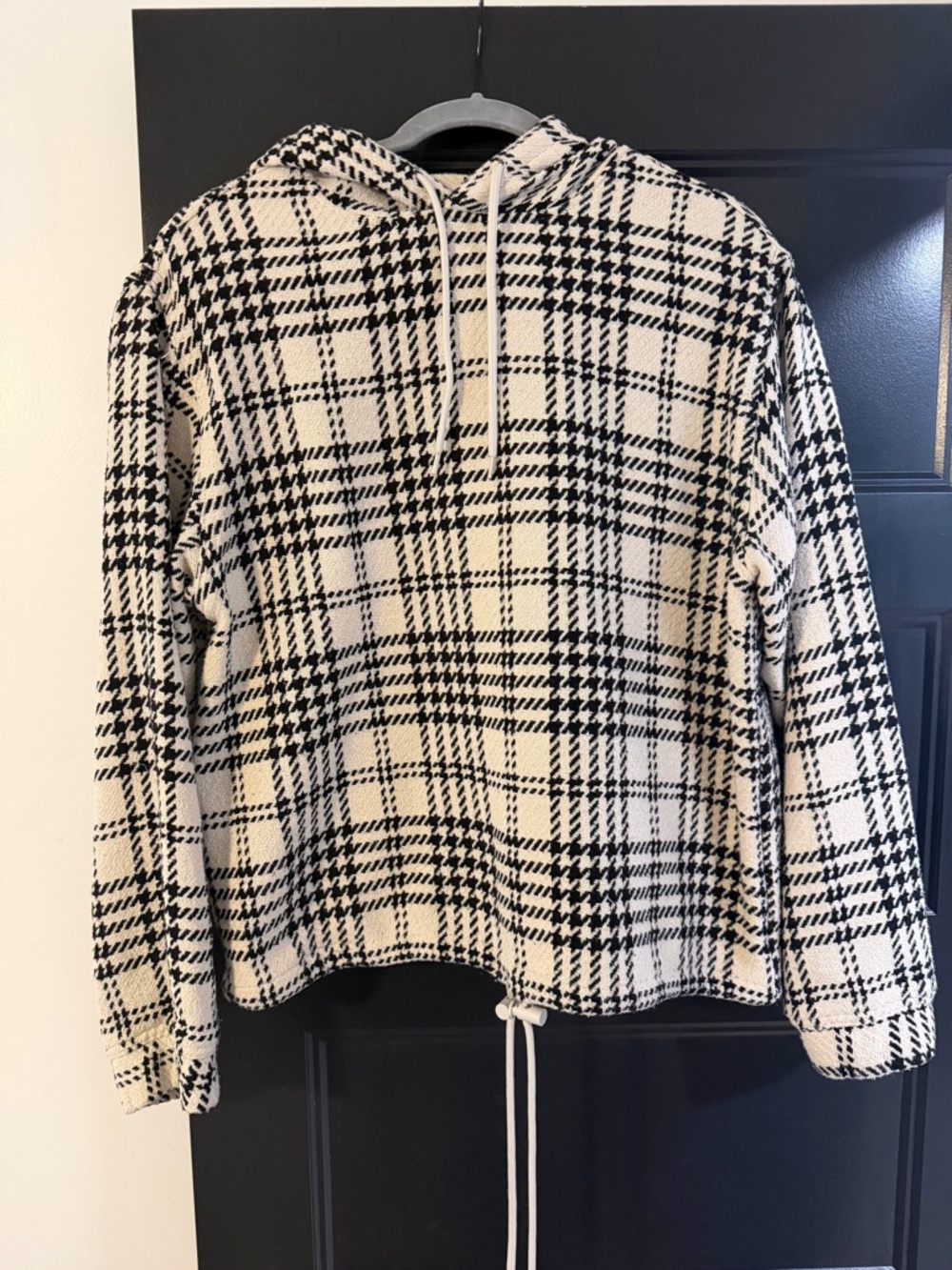 Zara Black and Cream Plaid Hooded knit Sweater